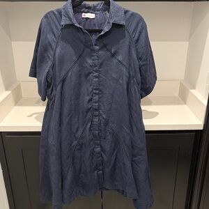 Caryn Lawn Navy Short Sleeve Button-Up Linen Dress. Size L